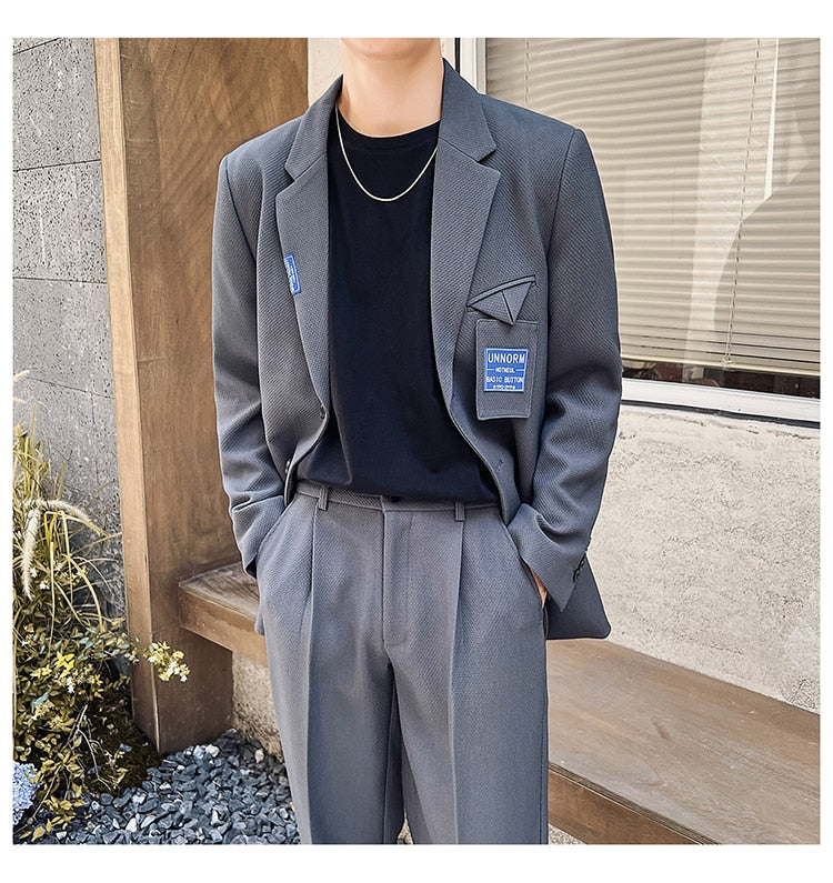 Bonsir Mens Suits Sets Jacket Pant Men Korean Streetwear Office Fashion Loose Casual Blazer Suit Jacket Pant Chic Trend Dress Suits