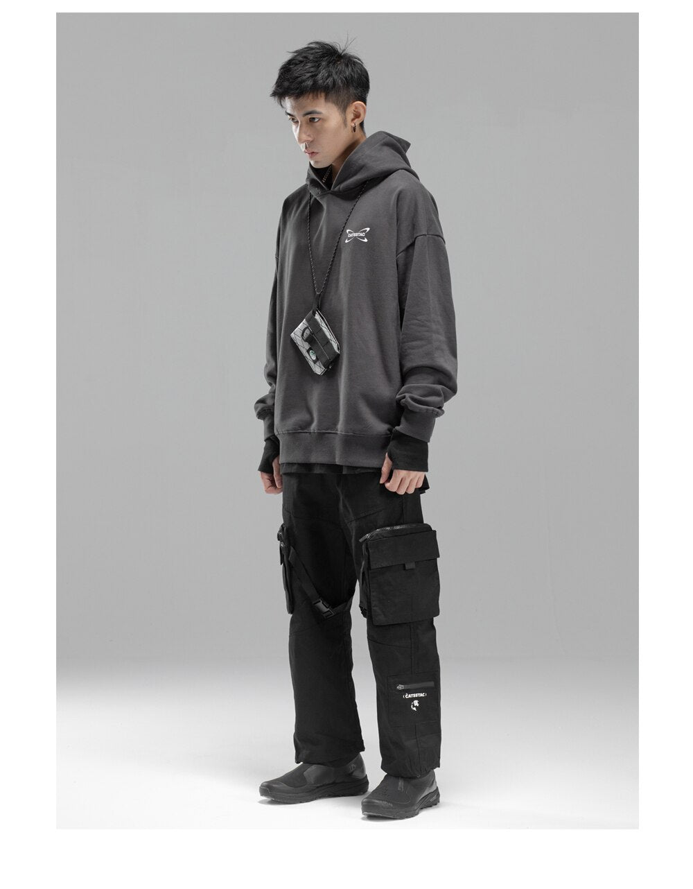 Bonsir Men's Drawstring Pants Side Pockets Loose Techwear Trousers Mechanical Pocket Ribbon Jogger Pants