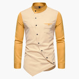 Bonsir New Shirts For Men Long Sleeve Lrregular Diagonal Button Contrast Henry Collar Shirts Personality Mens Top Clothes Wedding Shirt