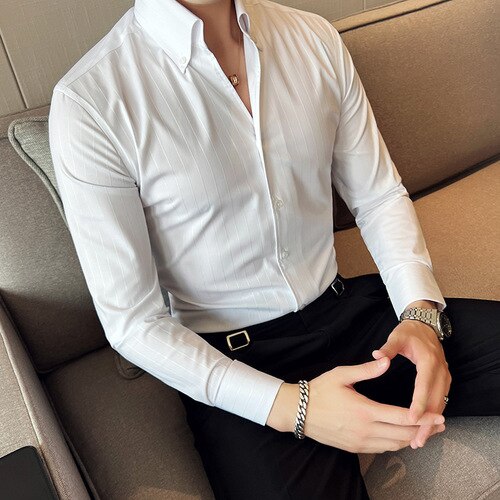 Bonsir British Style Striped Shirts Men V Collar Long Sleeve Casual Shirt Male Business Formal Dress Shirts Social Party Blouse