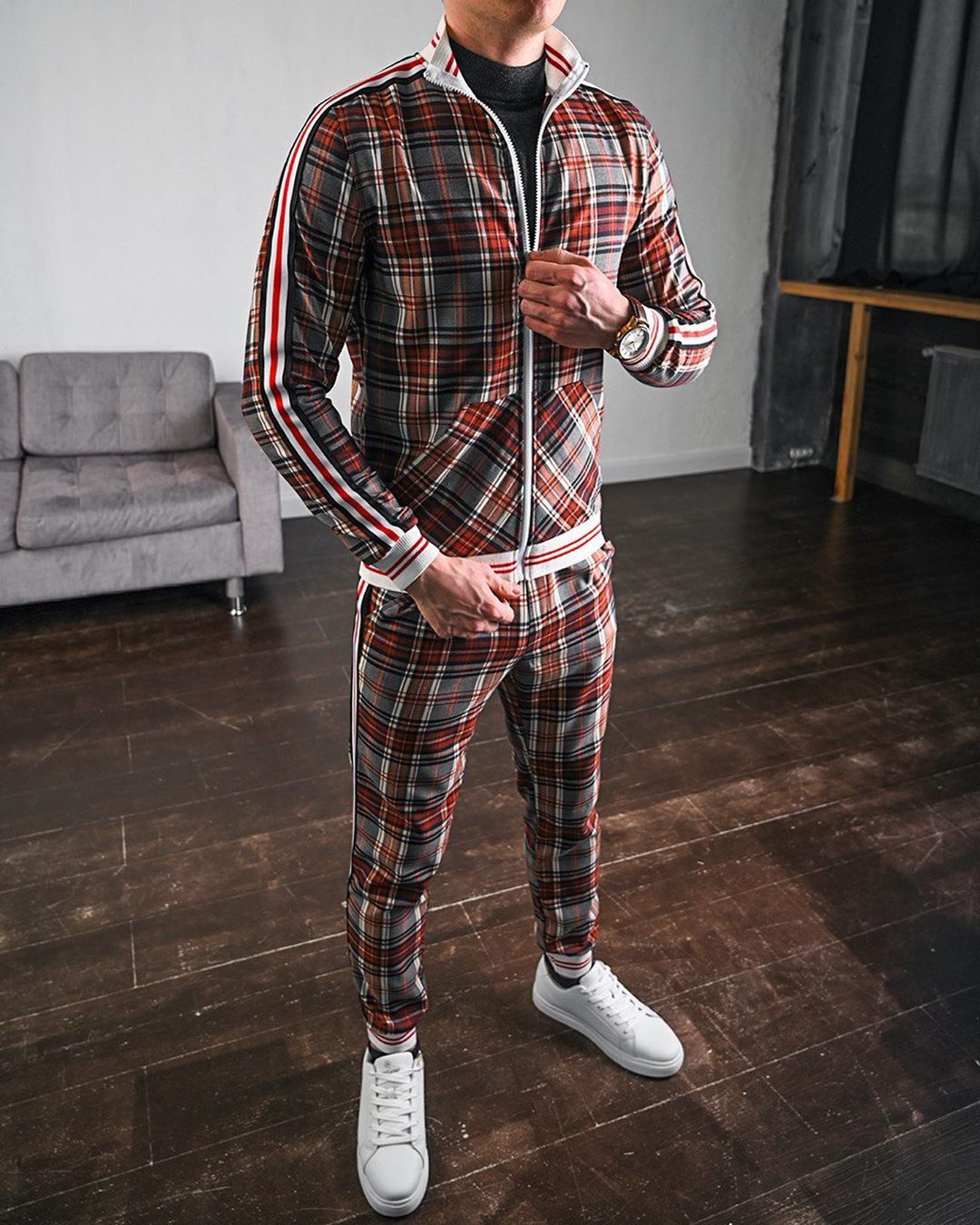 Bonsir New men's tracksuit Fashion Plaid Man Sets Trendy Brand Casual Sportswear Spring Autumn Jacket + Pants 2 Piece Set 3D Print