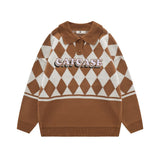 Bonsir Color Match Plaid Lapel Letter Embroidery Autumn Sweater for Male and Female High Street Patchwork Pullover Loose Clothes