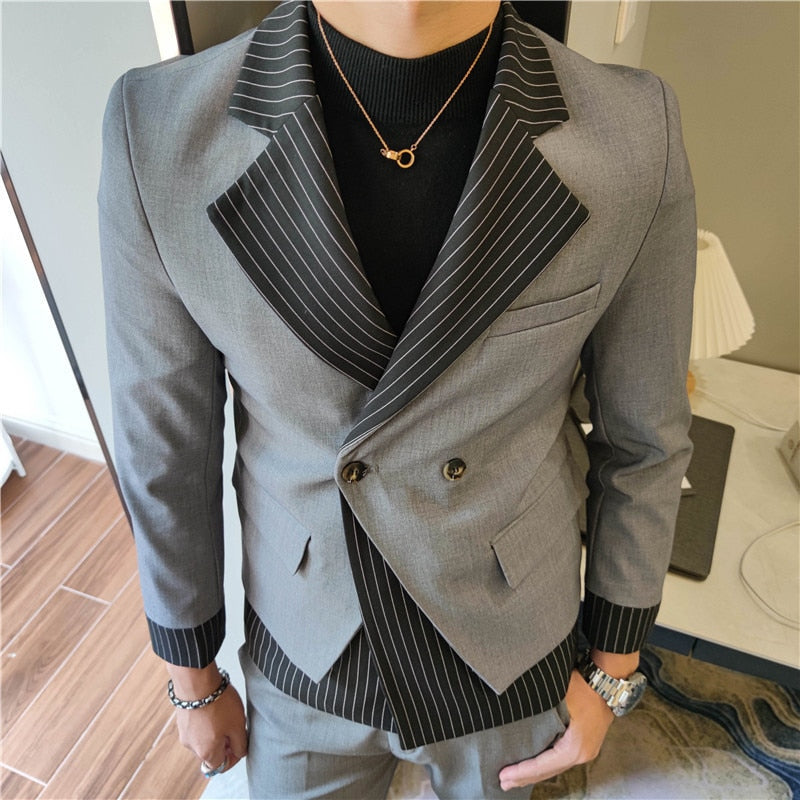 Bonsir Korean Patchwork Suit 2 Piece Suit Blazer Men Suit Set Slim Fit Tuxedo Suit Blazer Suit Men Stylish Blazer Stage Party Club