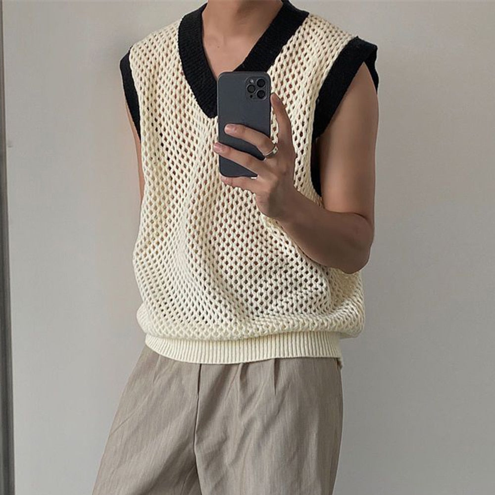 Bonsir Contrasting Color V-neck Knitted Sweater Vest Men's Spring Casual Sleeveless Tank Top Hollow Loose Tee Trendy Streetwear Unisex