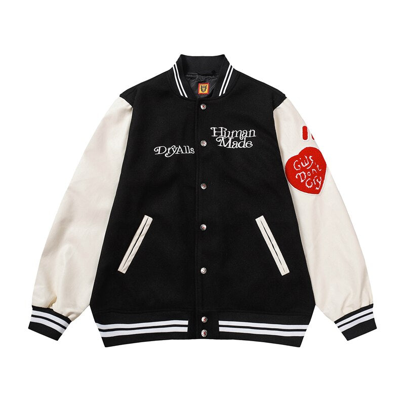 Bonsir Girls Don't Cry Letter Flocking Contrast Color Baseball Jackets for Men and Women Retro Stand Pu Leather Sleeve Winter Coat