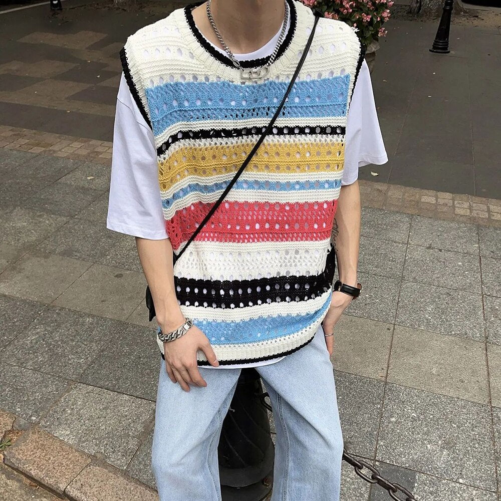 Bonsir Fashion Knitted Vest Y2k Streetwear Trend Hollow Sleeveless Top Men's Striped Contrast Color Loose Tank Tops Genderless Clothing