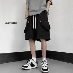 Bonsir Summer Cotton Shorts Men Fashion Retro Pocket Shorts Men Japanese Streetwear Hip Hop Loose Straight Shorts Mens Cargo Pants