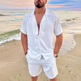 Bonsir Solid Color Cotton Linen Hawaiian Shirt Set Men Summer New Vacation Fashion Lapel Casual Short Sleeve Top Shorts 2pcs Set