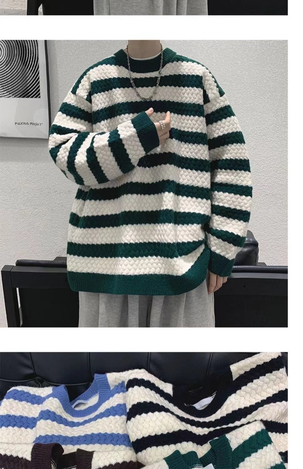 Bonsir Winter Men's Stripe Printing Coats Round Neck Wool Sweater Retro Loose Pullover Fashion Trend Thickened Knitting M-2XL