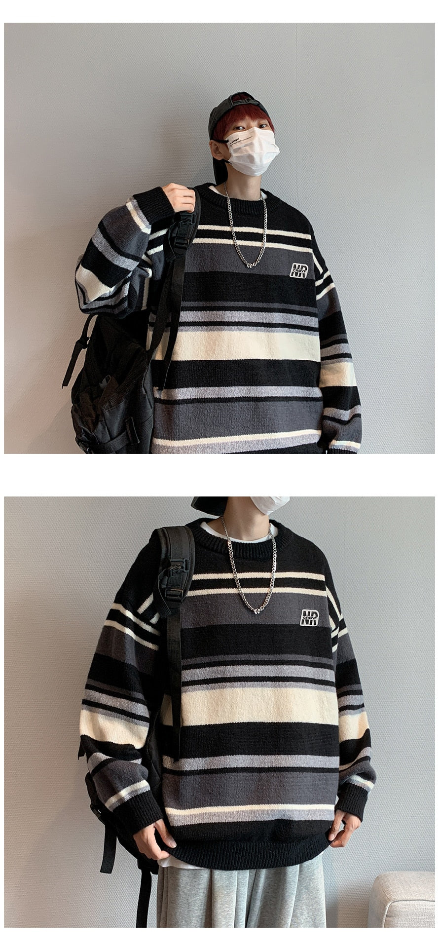 Bonsir Stripe Contrast Sweater Men's Autumn and Winter Fashion Brand Trendy Loose Round Neck Pullover Knitwear Sweater Coat