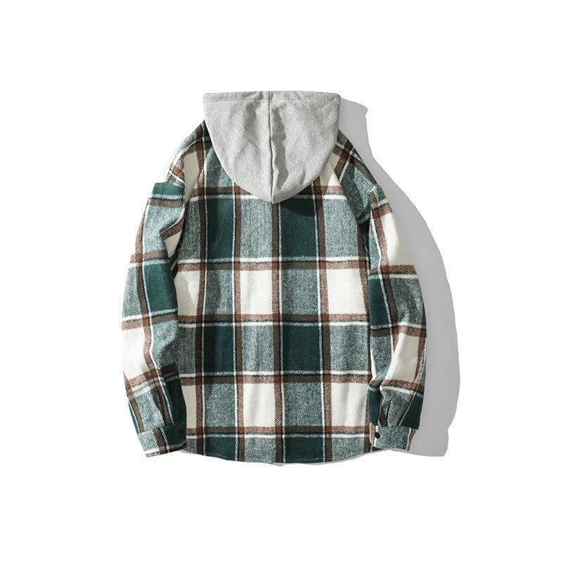 Bonsir Autumn Black/Green Woolen Shirt Men Fashion Casual Plaid Hooded Shirt Men Korean Loose Long-sleeved Shirt Mens Plus Size M-5XL