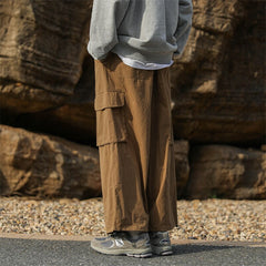 Bonsir Men's Loose Straight Wide Leg Pants Autumn Vintage Brown Cargo Pants Men Streetwear Casual Ankle-banded Trousers With Belt