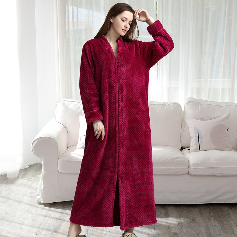 Bonsir Men Winter Plus Size Long Warm Coral Fleece Bathrobe Hooded Cozy Flannel Zipper Bath Robe Night Dressing Gown Women Sleepwear