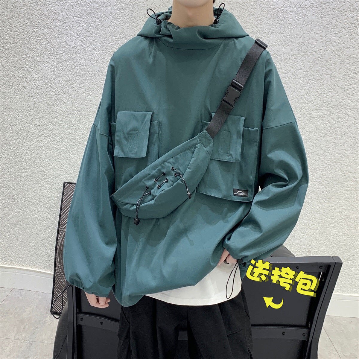 Bonsir Harajuku Solid Color Men Cargo Hoodies Streetwear Casual Hooded Sweatshirts Autumn Winter New Unisex Drawstring Pullovers