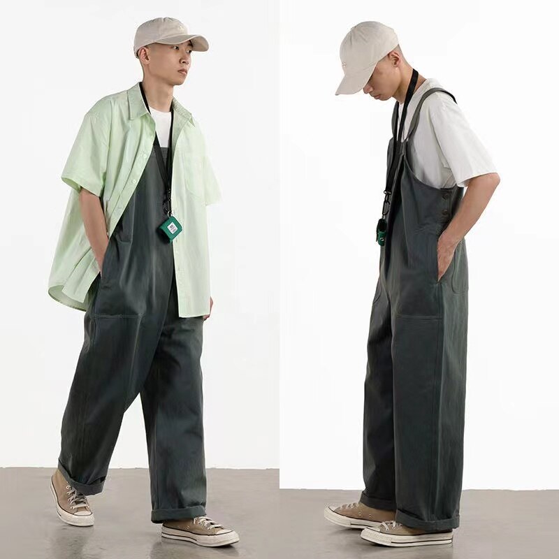 Bonsir Japanese Style Men's Pure Color Loose Salopettes Fashion Casual Pants Cargo Streetwear Jumpsuit Rompers Loose Trousers