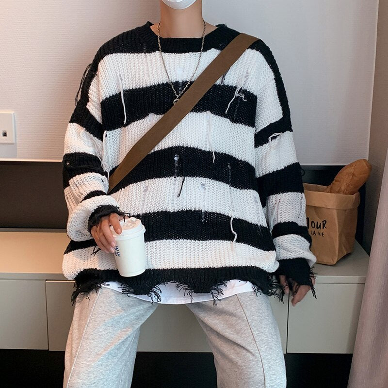 Bonsir Black and white striped sweater Japanese retro men's oversize high street hole knitted sweater couple autumn clothes