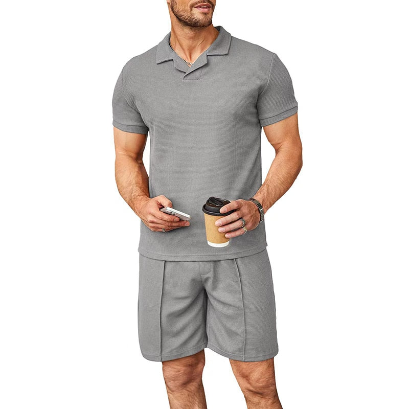 Bonsir Leisure Solid Color Ribbed Two Piece Sets Men Fashion Short Sleeve Lapel Polo Shirts And Shorts Suits For Men's Summer Clothing