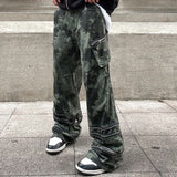 Bonsir Harajuku Zipper and Pockets Straight Wide Leg Camouflage Cargo Pants For Male Spliced Elastic Waist Baggy Casual Denim Trousers