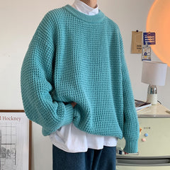 Bonsir Men's Waffle Sweaters Round Neck Solid Color Korean Style Hip Hop Male Knitted Pullovers Loose Casual Winter Knitwear