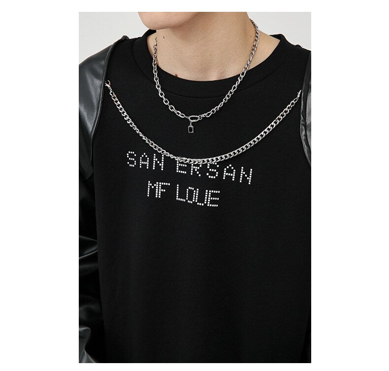 Bonsir Men Loose Letter Chain Splice Long Leather Sleeve T-shirt Male Women Korean Streetwear Fashion Hip Hop Tees Shirts Couple Tshirt