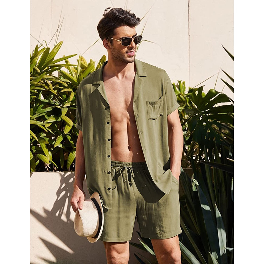 Bonsir Summer Cotton and Linen Men Suit Short Sleeve Shorts Solid High Quality 2 Piece Beach Outdoor Travel Casual Breathable  Blazer