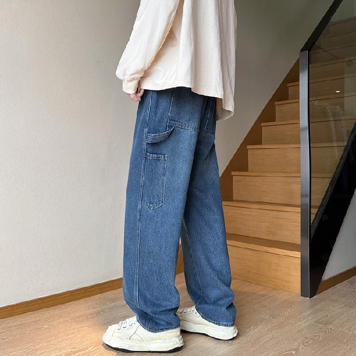 Bonsir Cargo Jeans Men's Baggy Wide Leg Denim Trousers Streetwear Spring Fashion Straight Elastic Waist Korean Stitching Hip-hop Pants