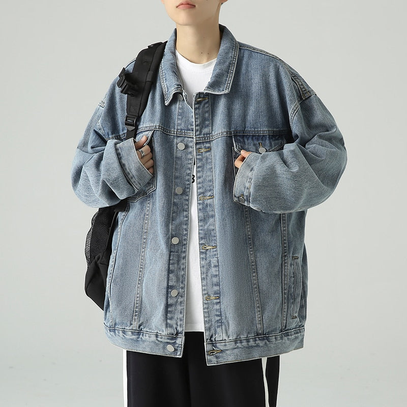 Bonsir Autumn New Men's Fashion Denim Jacket Korean Oversize Loose Casual Jeans Coats Light Blue Fashion Streetwear Brand Clothes