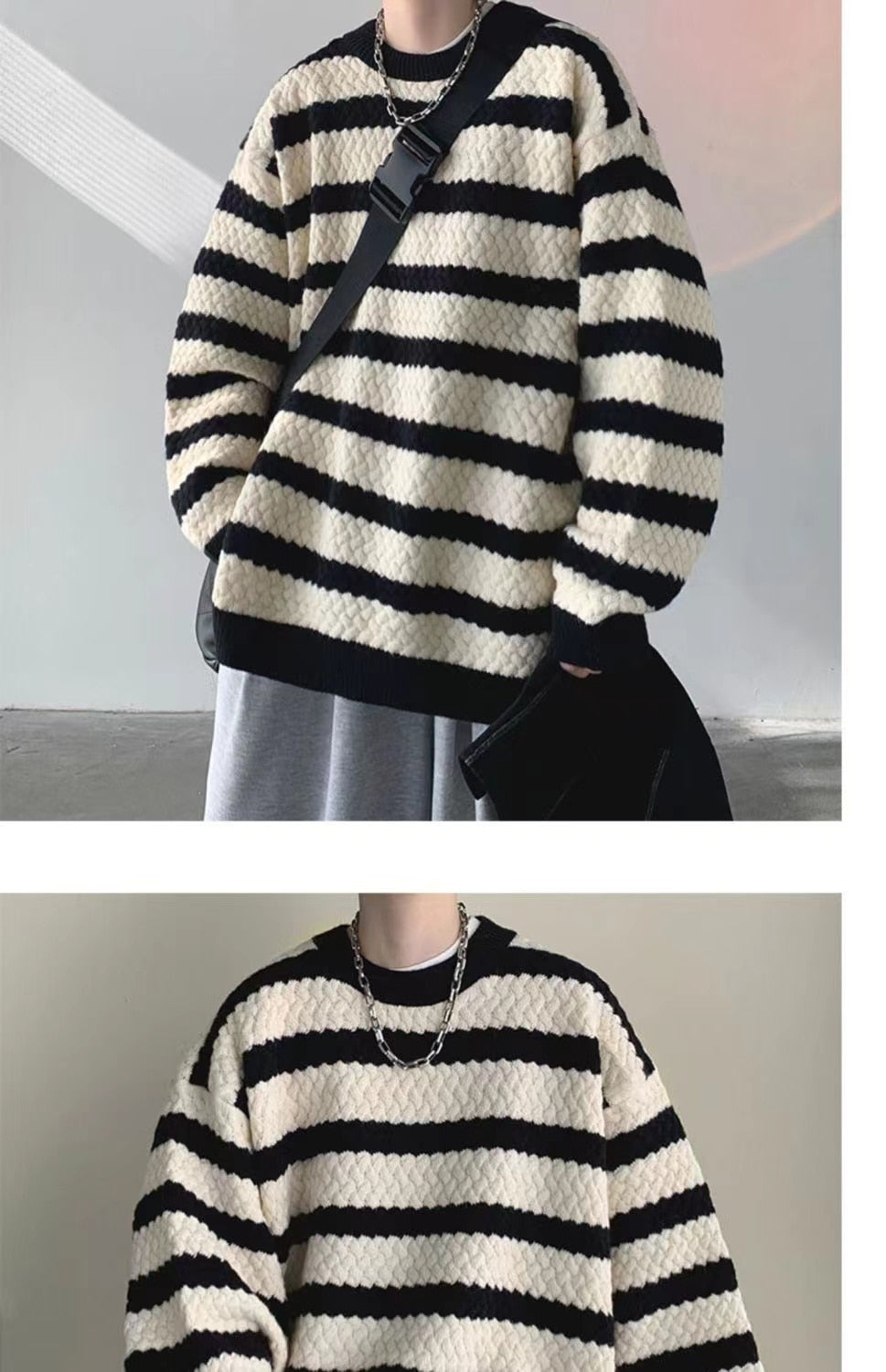 Bonsir Winter Men's Stripe Printing Coats Round Neck Wool Sweater Retro Loose Pullover Fashion Trend Thickened Knitting M-2XL