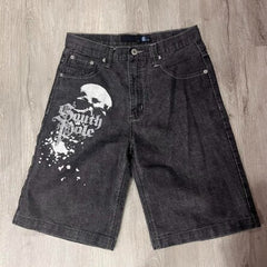 Bonsir American Street Dark Spider Denim Shorts Men European High Street Retro Washed Straight Vibe National Tide Five-point Pants