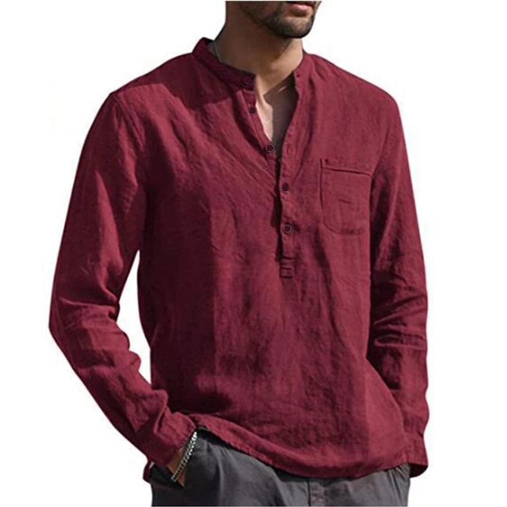 Bonsir Cotton Linen Hot Sale Men's Long-Sleeved Shirts Summer Solid Color  Stand-Up Collar Casual Beach Style Plus Size