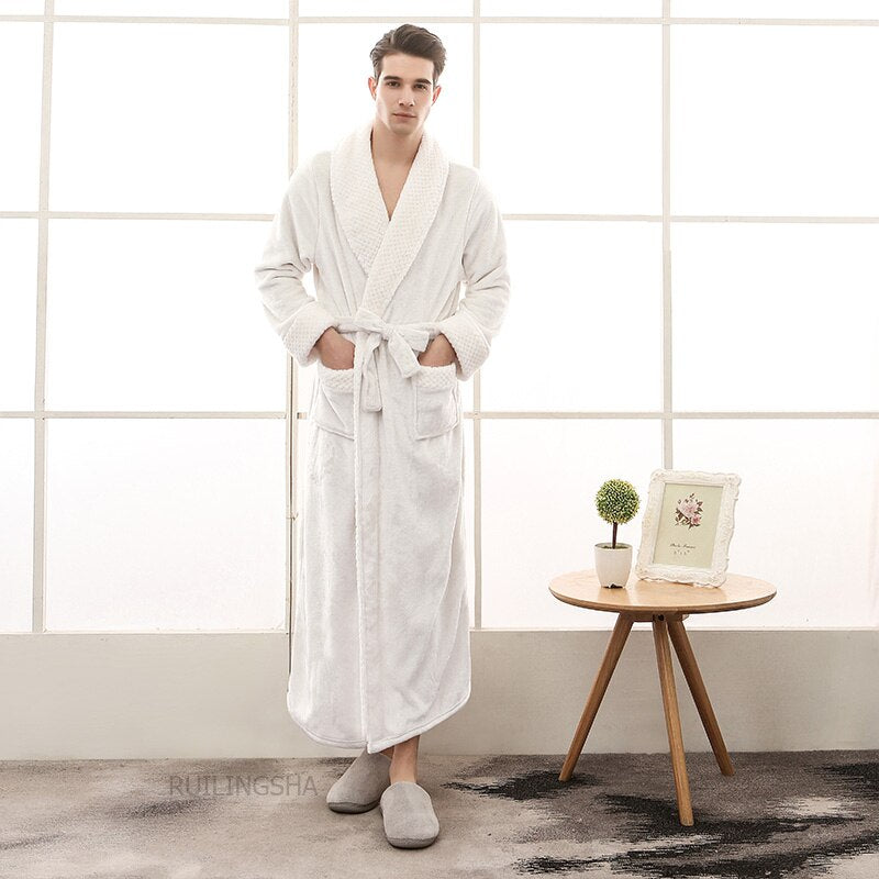 Bonsir Men Winter Plus Size Long Warm Coral Fleece Bathrobe Hooded Cozy Flannel Zipper Bath Robe Night Dressing Gown Women Sleepwear