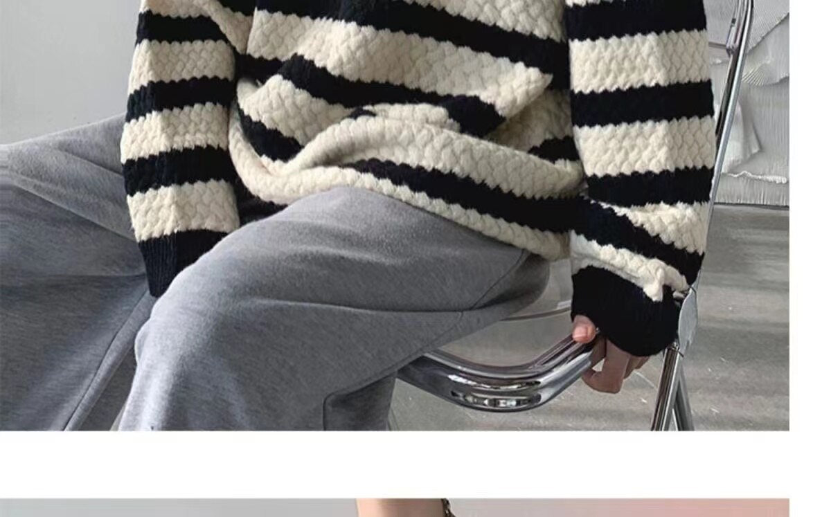 Bonsir Winter Men's Stripe Printing Coats Round Neck Wool Sweater Retro Loose Pullover Fashion Trend Thickened Knitting M-2XL