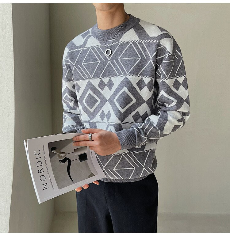 Bonsir  Korean Style Fashion Diamond Printing Sweater Mens Pullover Sweater Pull Homme Autumn Sweater For Men Knitted Round Neck Sweater