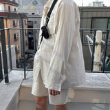 Bonsir Summer Men's Suit Solid Color Two-piece Sets Lapel Long Sleeve Shirt Elastic Waist Shorts 2023 Korean New Fashion