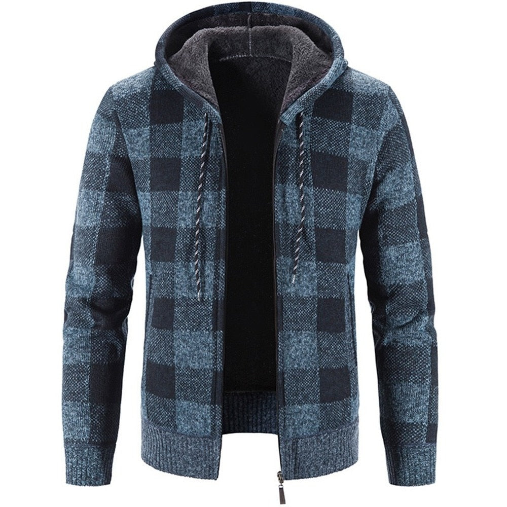 Bonsir Men's Hooded Plaid Printed Long Sleeve Sweater Autumn Winter Plush Large Casual Cardigan Coat