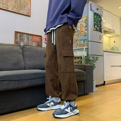 Bonsir Men's Corduroy Cargo Pants Autumn Winter Loose Straight-leg Fashion Male Trousers Drawstring Harajuku Streetwear