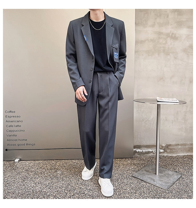 Bonsir Mens Suits Sets Jacket Pant Men Korean Streetwear Office Fashion Loose Casual Blazer Suit Jacket Pant Chic Trend Dress Suits