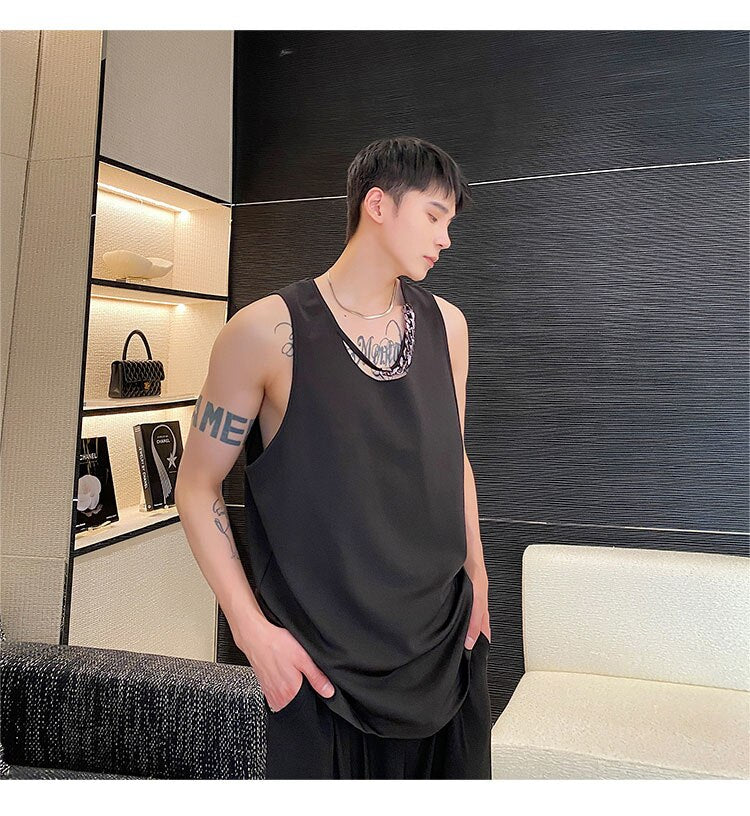 Bonsir Spring Summer Round Collar Chain Casual Sleeveless Vest Korean Style Personality Design Fashion Slim Top Tank Top