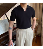 Bonsir Summer New V-neck Men's Solid Color Short-sleeved T-shirt British Slim Lapel Knitted Striped Casual  Polo Shirt