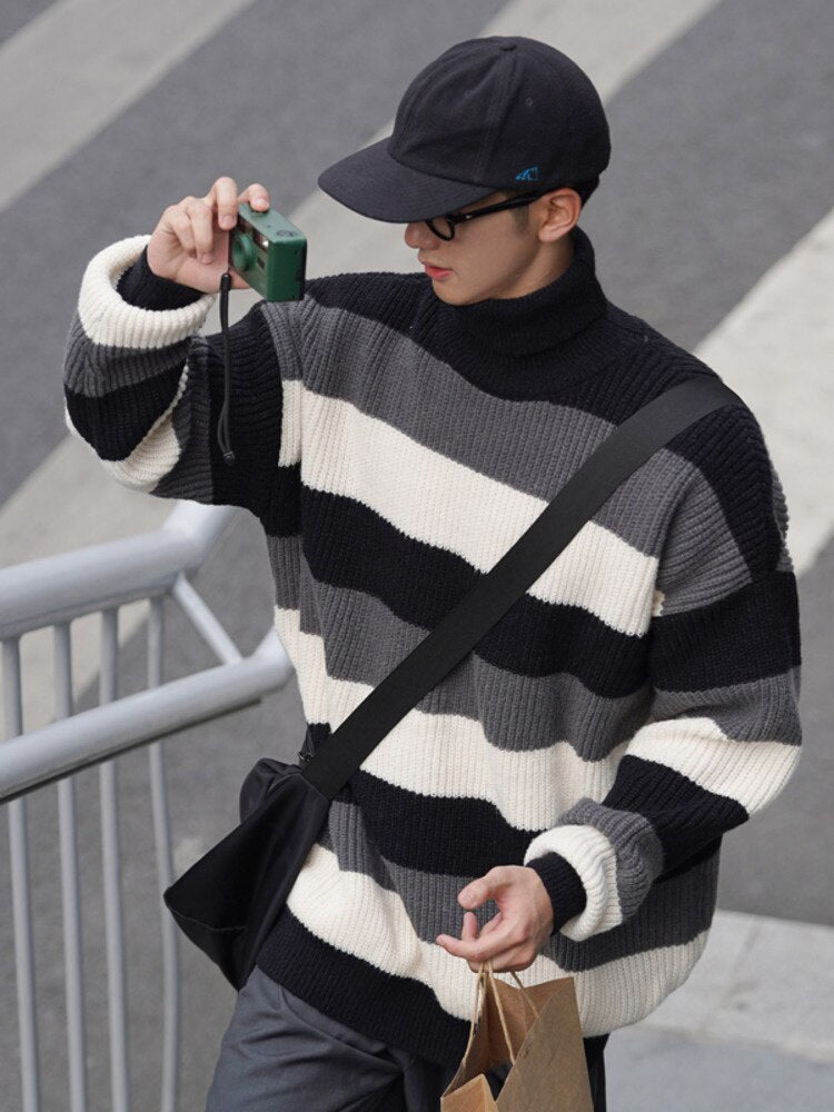 Bonsir  Turtleneck Striped Sweater For Men Loose Autumn Fashion Knitted Pullovers Warm New Brand Male Casual Clothing