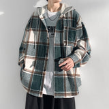 Bonsir Autumn Black/Green Woolen Shirt Men Fashion Casual Plaid Hooded Shirt Men Korean Loose Long-sleeved Shirt Mens Plus Size M-5XL