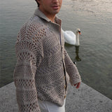 Bonsir Casual Solid Color Hollow Knitted Cardigans Men Autumn Fashion Loose Long Sleeve Button-up Sweater For Mens Lapel Knitting Shirt