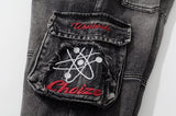 Bonsir Distressed Embroidery Pockets Elastic Waist Retro Jeans Pants Men and Women Straight Washed Casual Baggy Denim Trousers