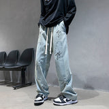 Bonsir Washed Blue Mopping Jeans Men Hiphop Casual Loose Straight Wide Leg Printed Cross Overalls Casual Denim Trousers Four Seasons