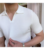 Bonsir Summer New V-neck Men's Solid Color Short-sleeved T-shirt British Slim Lapel Knitted Striped Casual  Polo Shirt