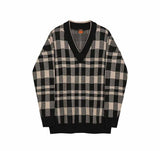 Bonsir Korean Fashion Vintage V-neck Plaid Sweater Male Autumn and Winter Casual Loose Men's V-neck Knitted Sweater for Men Pullover