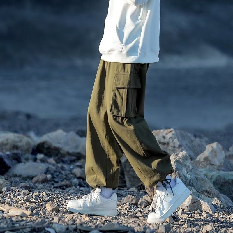 Bonsir  Green Black Cargo Pants Men Fashion Retro Pocket Casual Pants Men Japanese Streetwear Hip Hop Loose Straight Pants Mens Trousers