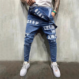 Bonsir Fashion Men's Ripped Jeans Jumpsuits Ankle Length Letter printing Distressed Denim Bib Overalls For Men Suspender Pants