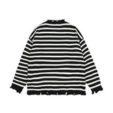 Bonsir Retro Frayed Contrast Color Striped Round Neck Men's Sweaters Ripped Hip Hop Harajuku Oversized Pullover Couple Autumn Clothes