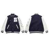Bonsir Flocking Letter Embroidery Patchwork Human Made Wool Coat for Male and Female Retro Leather Sleeve Oversized Autumn Jackets